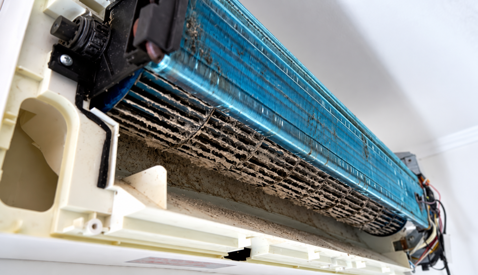 Photo haute définition de l’intérieur d’un climatiseur mural encrassé avec évaporateur bleu et turbine couverte de dépôts.